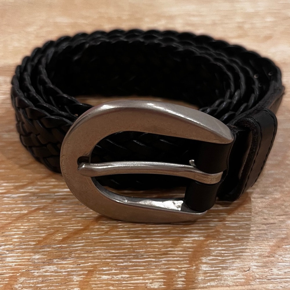 Vintage 90s Coach Black Woven Leather Belt with Silver Toned Buckle